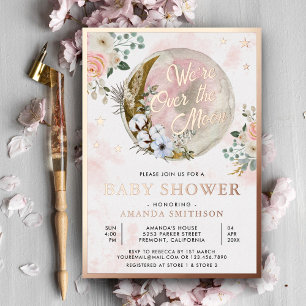 Invitación Con Relieve Metalizado Sobre La Luna Baby Shower Floral Rosa Dorado Rosad