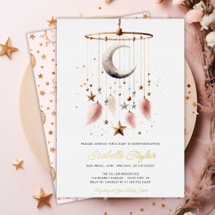 Invitación Con Relieve Metalizado Sobre la Luna Boho Celestial Niña Baby Shower Dora