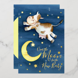 Invitación Con Relieve Metalizado Sobre la luna de vaca salta la ducha de bebé
