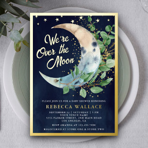 Invitación Con Relieve Metalizado Sobre la luna Eucalyptus Baby Shower Navy Gold