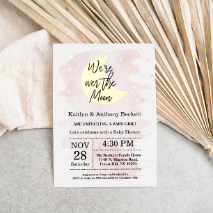 Invitación Con Relieve Metalizado Sobre La Luna   Fiesta de Bebé de Niñas Real