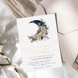 Invitación Con Relieve Metalizado Sobre la luna navy oro baby shower