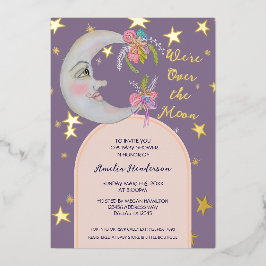 Invitación Con Relieve Metalizado Sobre la luna Stars Floral Lavender Baby Shower
