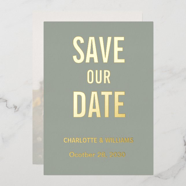 Invitación Con Relieve Metalizado Sobreposición De La Foto De Sage Guardar La Fecha  (Anverso/Reverso)