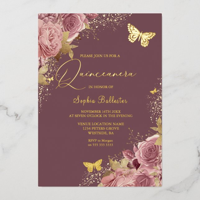 Invitación Con Relieve Metalizado Sofía de mariposa encantada Quinceanera Golden (Anverso)