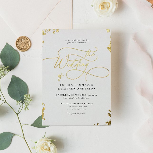 Invitación Con Relieve Metalizado Sofisticada caligrafía Boda de oro blanco marfil (Subido por el creador)