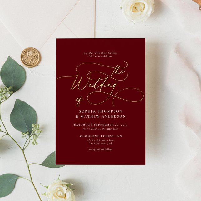 Invitación Con Relieve Metalizado Sofisticada caligrafía Boda de oro de Borgoña (Subido por el creador)