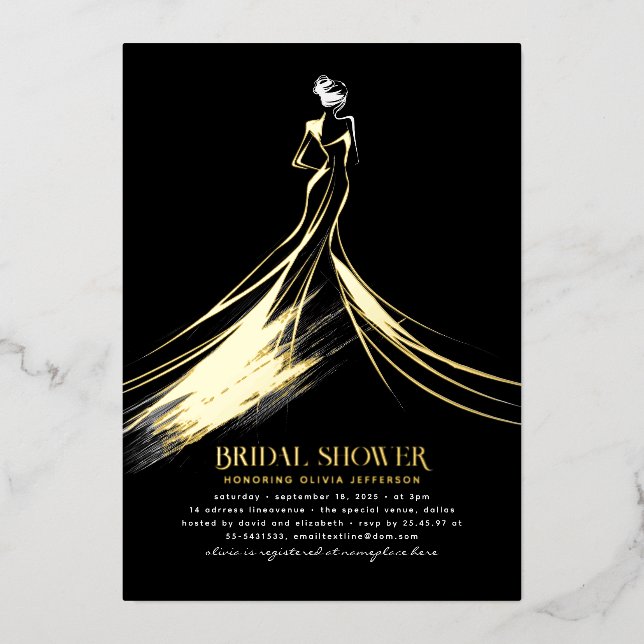 Invitación Con Relieve Metalizado Sofisticada Ducha Bridal Elegante Negra Moderna (Anverso)