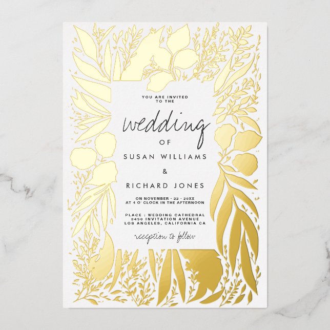 Invitación Con Relieve Metalizado Sofisticado boda floral follaje de oro blanco (Anverso)