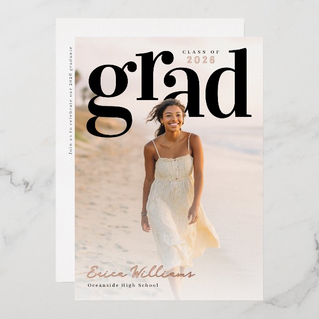 Invitación Con Relieve Metalizado Soft Editorial Grad PhotoPop Graduation (Anverso/Reverso)