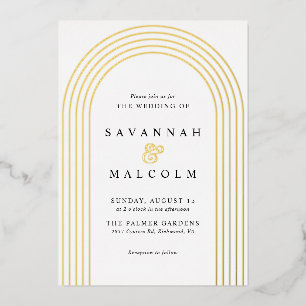 Invitación Con Relieve Metalizado Soft Glam Boda Simple Arco Blanco y Dorado