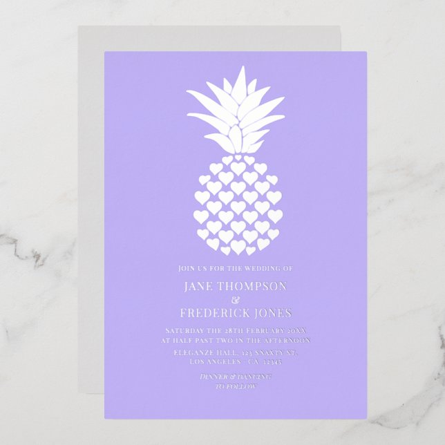 Invitación Con Relieve Metalizado Soft Lilac & Silver Tropical Pineapple Wedding (Anverso/Reverso)