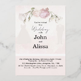 Invitación Con Relieve Metalizado Soft Pink Roses & Bride and Groom Collection