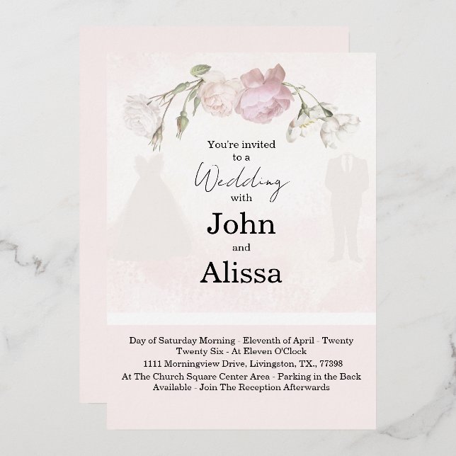 Invitación Con Relieve Metalizado Soft Pink Roses & Bride and Groom Collection (Anverso/Reverso)