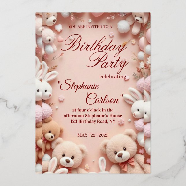 Invitación Con Relieve Metalizado Soft Pink Teddy Bear Birthday Invitation (Anverso)
