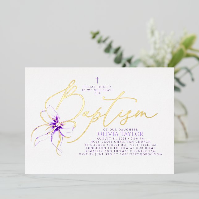 Invitación Con Relieve Metalizado Soft Purple Bow Elegant Minimalist Modern Baptism (Anverso de pie)