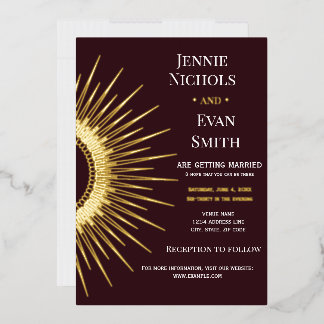 Invitación Con Relieve Metalizado Sol geométrico moderno | Boda de fondo de ciruela