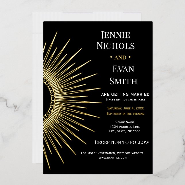 Invitación Con Relieve Metalizado Sol geométrico moderno | Boda de fondo oscuro (Sobre)