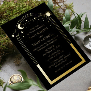 Invitación Con Relieve Metalizado Sol Luna Estrellas Astronomía Negro Celestial Oro