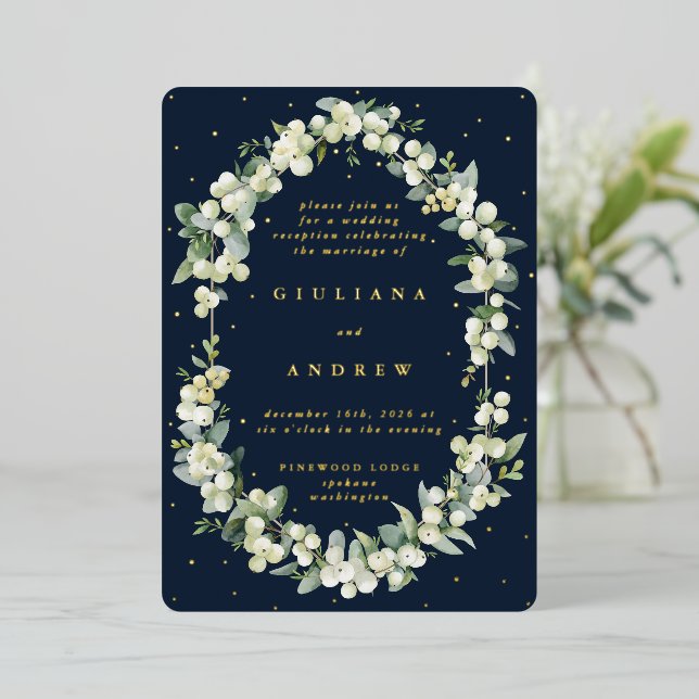 Invitación Con Relieve Metalizado Solo la recepción de bodas de nevadas y eucalipto  (Anverso de pie)