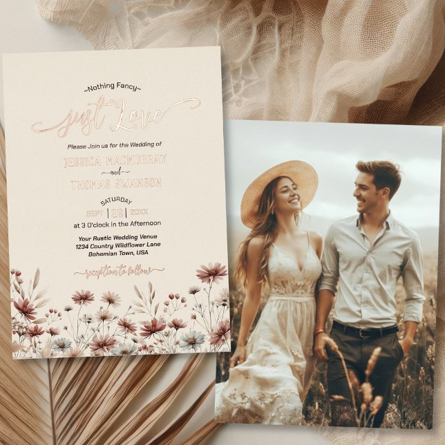 Invitación Con Relieve Metalizado Sólo me encanta el Boho rústico Wildflowers Elegan (Front/Back)