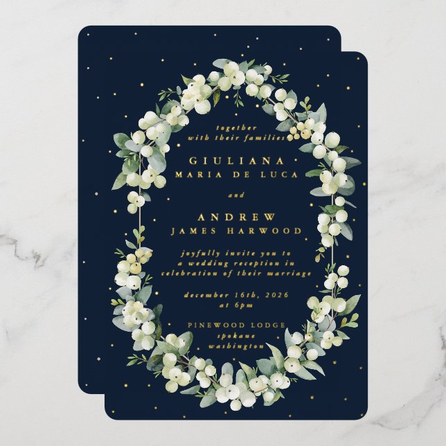 Invitación Con Relieve Metalizado Sólo recepción de Snowberry+Eucalyptus de la Marin (Anverso/Reverso)