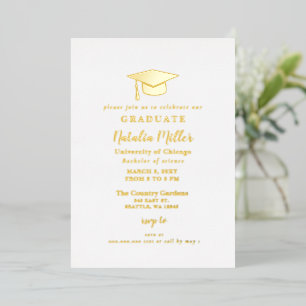 Invitación Con Relieve Metalizado Sombrero de Graduación Dorado Graduación Simple