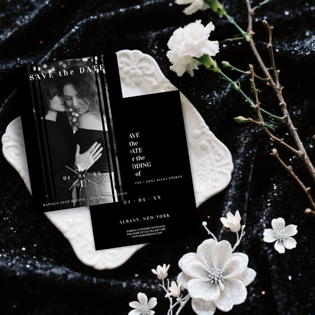 Invitación Con Relieve Metalizado Sophisticated B&W Photo Couple Lesbian Gay Wedding (Sophisticated B&W Photo Couple Lesbian Gay Wedding Real Silver Foil Save the Date Card)