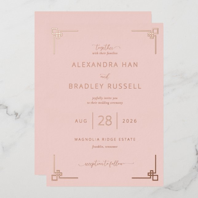 Invitación Con Relieve Metalizado Sophisticated Blush Pink Geometric (Anverso/Reverso)