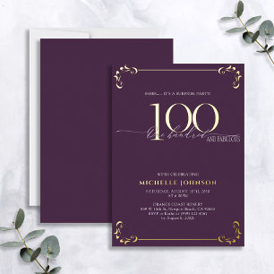 Invitación Con Relieve Metalizado Sorpresa 100 y Cumpleaños Morado y Dorado Fabuloso