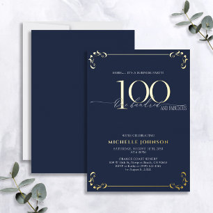 Invitación Con Relieve Metalizado Sorpresa 100 y Fabuloso Cumpleaños Azul y Dorado
