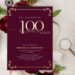 Invitación Con Relieve Metalizado Sorpresa 100 y fabuloso cumpleaños borgoña y dorad