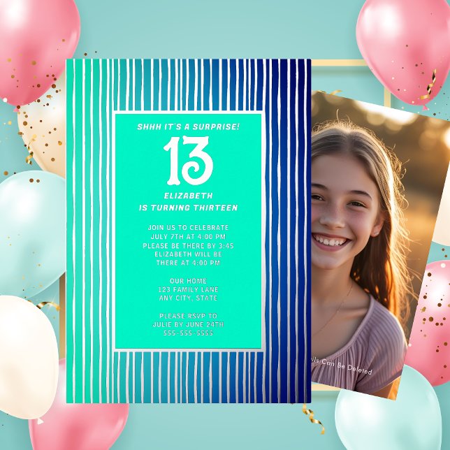 Invitación Con Relieve Metalizado Sorpresa 13.ª fiesta de cumpleaños Girly azul bril (Subido por el creador)