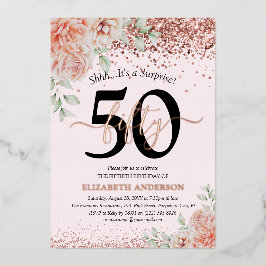 Invitación Con Relieve Metalizado Sorpresa 50.º Rosa de oro con flores rosadas