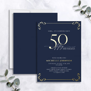 Invitación Con Relieve Metalizado Sorpresa 50 y Fabuloso Cumpleaños Azul y Dorado