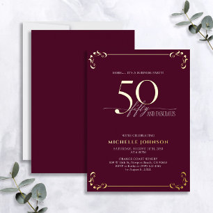 Invitación Con Relieve Metalizado Sorpresa 50 y Fabuloso Cumpleaños Borgoña y Oro