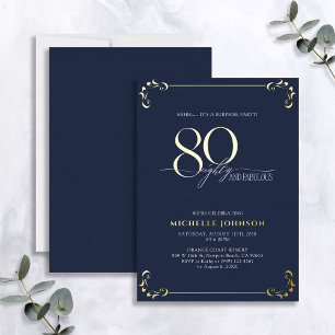 Invitación Con Relieve Metalizado Sorpresa 80 y Cumpleaños Azul y Dorado Fabuloso