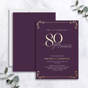 Invitación Con Relieve Metalizado Sorpresa 80 y Cumpleaños Morado y Dorado Fabuloso