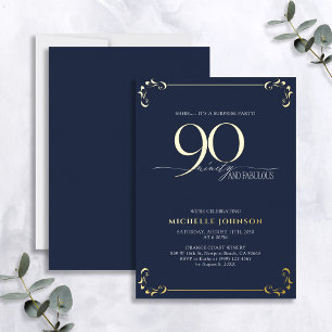 Invitación Con Relieve Metalizado Sorpresa 90 y Fabuloso Cumpleaños Azul y Dorado