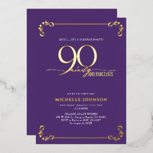 Invitación Con Relieve Metalizado Sorpresa 90 y Fabuloso Cumpleaños Púrpura y Dorado