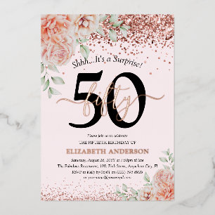Invitación Con Relieve Metalizado Sorpresa Cumpleaños 50 Pink Floral Rosa Dorado