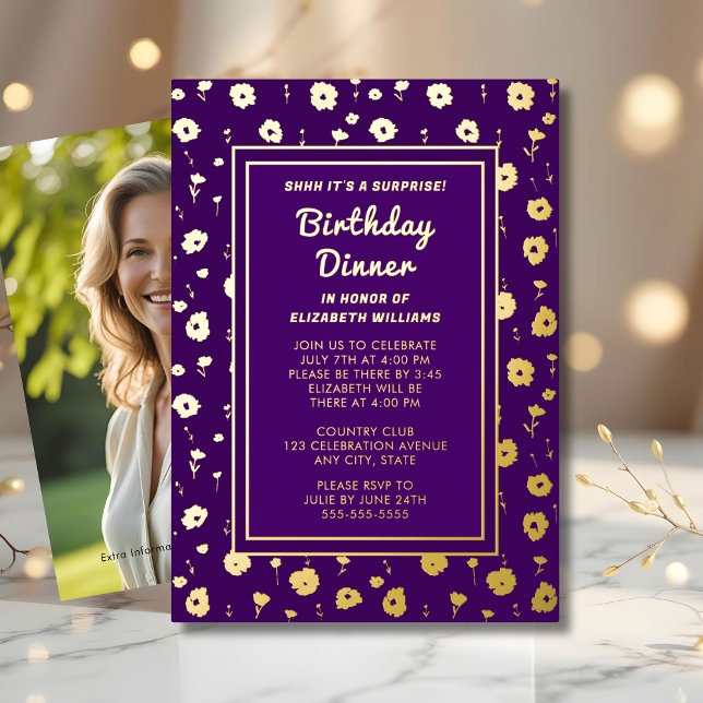 Invitación Con Relieve Metalizado Sorpresa Cumpleaños Cena Fiesta Floral Elegante (Subido por el creador)
