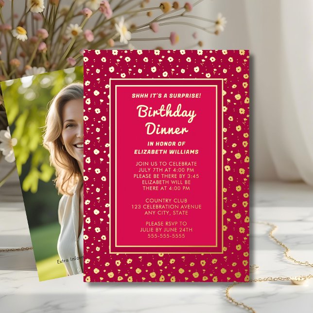 Invitación Con Relieve Metalizado Sorpresa Cumpleaños Cena Fiesta Floral Elegante (Subido por el creador)