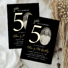 Invitación Con Relieve Metalizado Sorpresa elegante cumpleaños 50 negro y dorado
