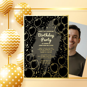 Invitación Con Relieve Metalizado Sorpresa fiesta de cumpleaños negro gris para él o