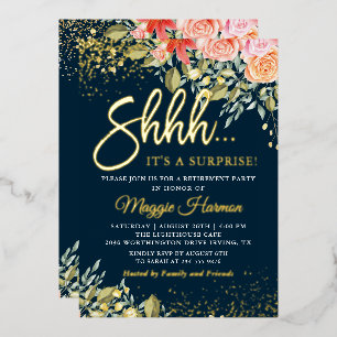 Invitación Con Relieve Metalizado Sorpresa Floral Azul Dorado Real de Jubilación