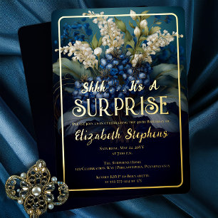 Invitación Con Relieve Metalizado Sorpresa floral barroca azul elegante 40 cumpleaño