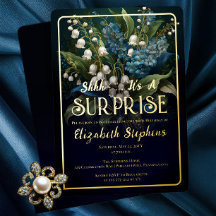 Invitación Con Relieve Metalizado Sorpresa floral barroca azul elegante para 90 cump
