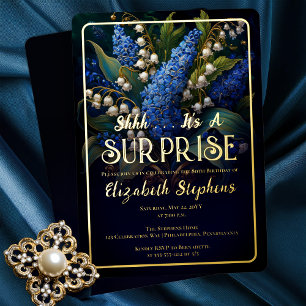 Invitación Con Relieve Metalizado Sorpresa floral barroca azul elegante para el cump