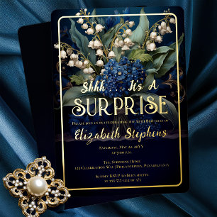 Invitación Con Relieve Metalizado Sorpresa floral barroca elegante azul cumpleaños 5